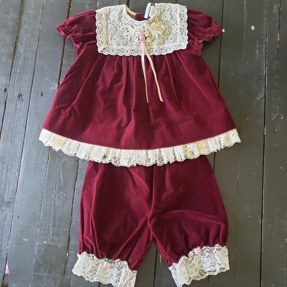 JoLene Vintage Baby Girl 18 Months Dark Red Burgundy Velvet Two Piece Outfit 90s